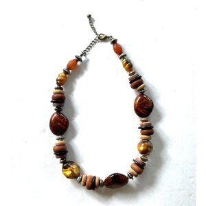 Vintage Bead 20" Necklace With Amber & Wood Accents Adjustable Chain Bohemian